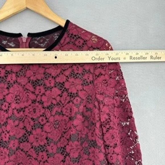 Maggy London Plum Wine Red Lace Fluted Midi Long Sleeve Dress Velvet Belt SZ 14 - Picture 3 of 9